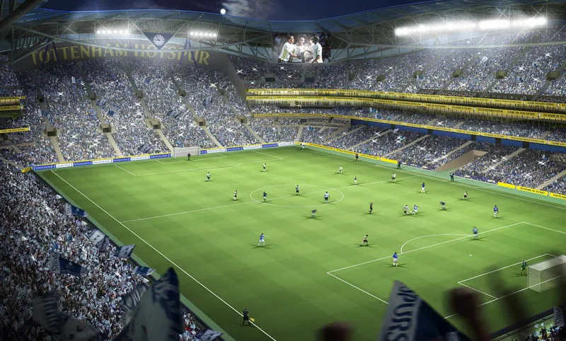 Góc nhìn từ khán đài xuống mặt cỏ sân Tottenham Hotspur Stadium, chuẩn bị cho trận đấu Ngoại hạng Anh