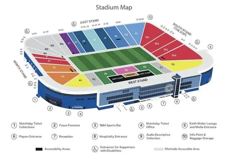 Sơ đồ bố trí các khán đài sân King Power, giúp fan hâm mộ Leicester City dễ dàng tìm chỗ