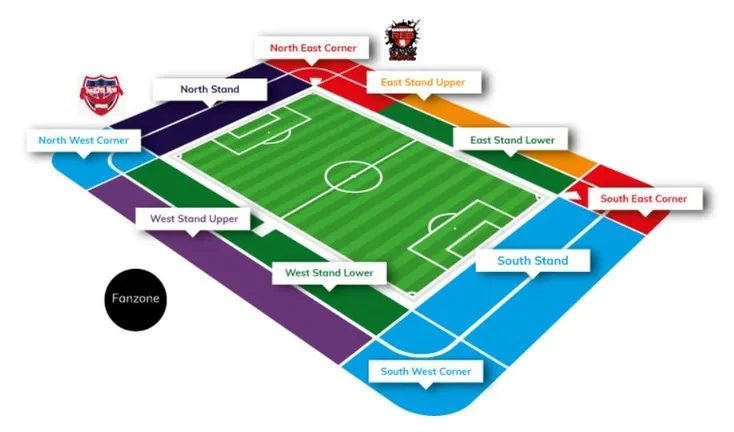 Sơ đồ bố trí chỗ ngồi chi tiết của sân Riverside Stadium, giúp người hâm mộ dễ dàng định vị khán đài.
