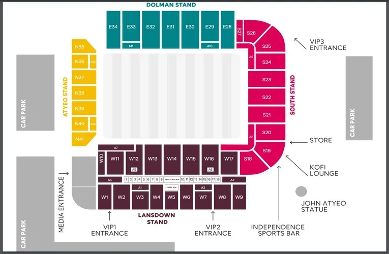 Sơ đồ bố trí chỗ ngồi và các khu vực tại sân vận động Ashton Gate