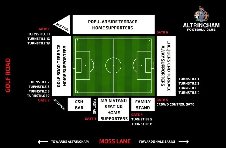 Sơ đồ bố trí khán đài và các khu vực chính của sân vận động J Davidson (Moss Lane) của Altrincham FC