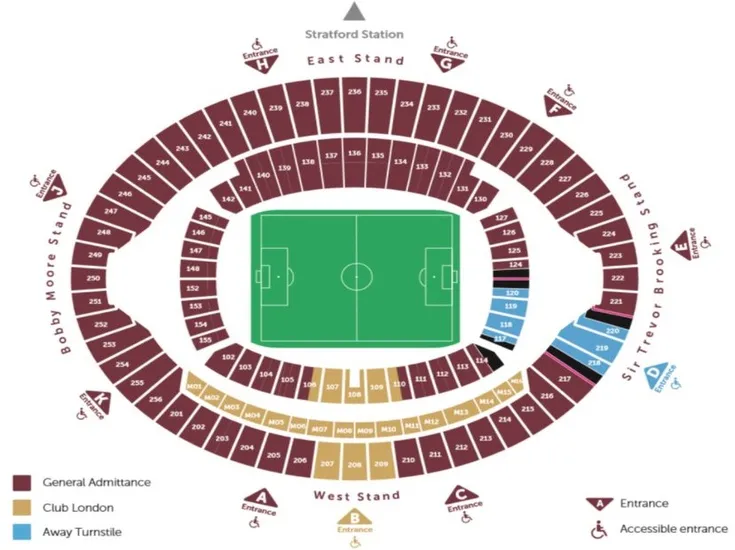 Sơ đồ chi tiết các khán đài và khu vực chỗ ngồi London Stadium