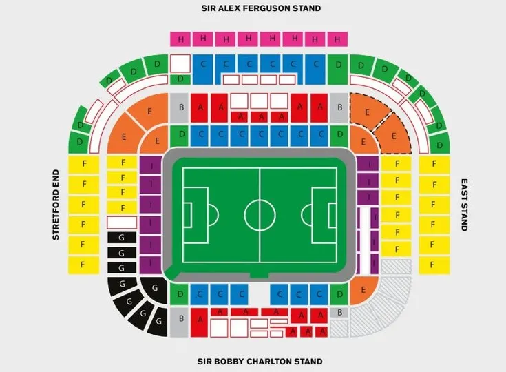 Sơ đồ chi tiết các khán đài và khu vực chỗ ngồi tại sân Old Trafford