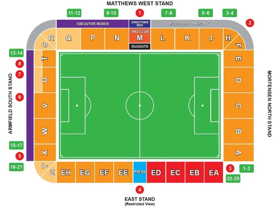 Sơ đồ chi tiết các khán đài và khu vực chỗ ngồi tại sân vận động Bloomfield Road của Blackpool