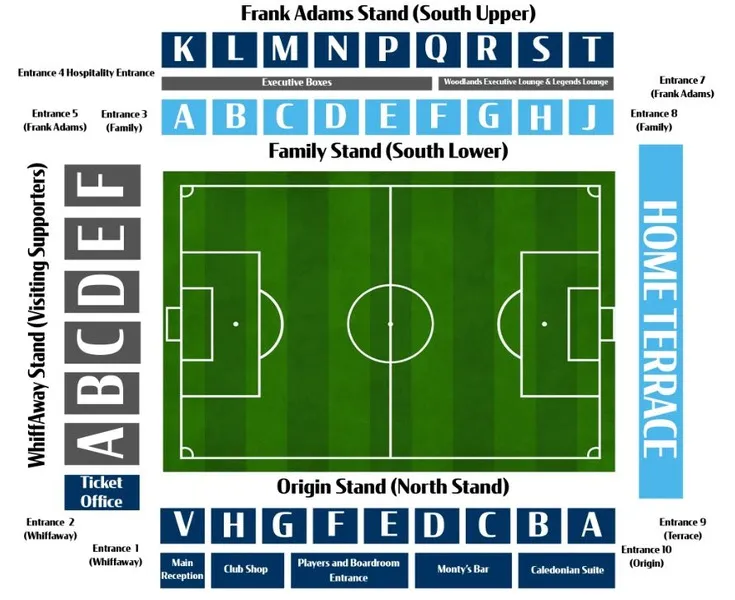 Sơ đồ chi tiết sân vận động Adams Park năm 2024, hướng dẫn vị trí các khán đài.