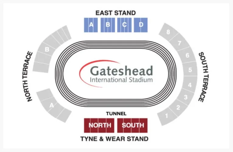 Sơ đồ chi tiết sân vận động Gateshead International, thể hiện vị trí các khán đài và lối vào.