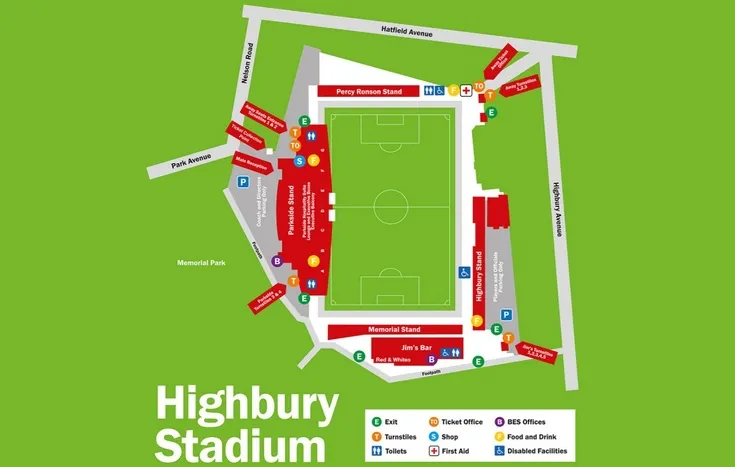 Sơ đồ chi tiết sân vận động Highbury, minh họa bố cục bốn khán đài và vị trí chỗ ngồi cho người hâm mộ Fleetwood Town cũng như đội khách.