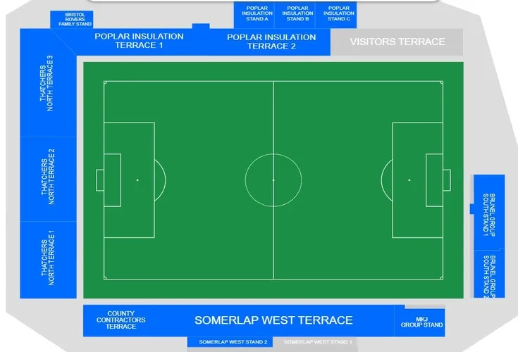 Sơ đồ chỗ ngồi chi tiết của sân Memorial Stadium, giúp khán giả dễ dàng tìm vị trí xem Bristol Rovers thi đấu.