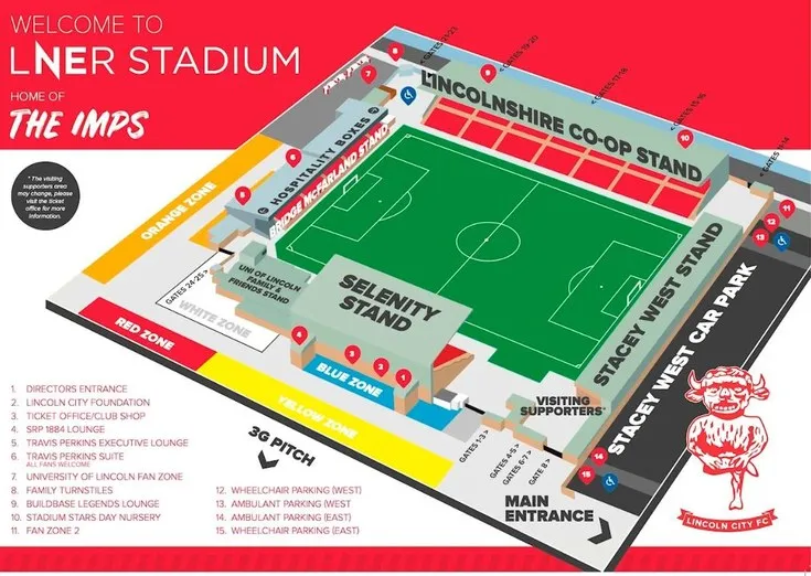 Sơ đồ chỗ ngồi chi tiết của sân vận động Sincil Bank, giúp fan dễ dàng tìm kiếm vị trí lý tưởng để cổ vũ Lincoln City