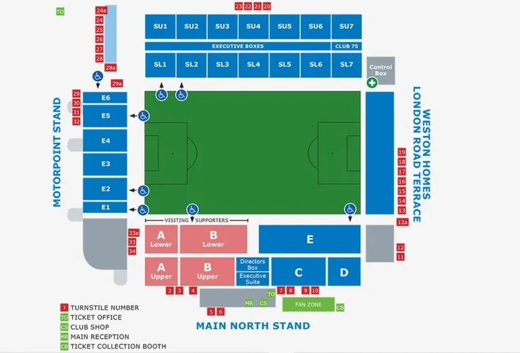 Sơ đồ chỗ ngồi chi tiết của sân vận động Weston Homes Stadium London Road
