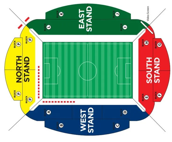 Sơ đồ chỗ ngồi sân vận động Toughsheet Community Stadium, hướng dẫn vị trí các khán đài
