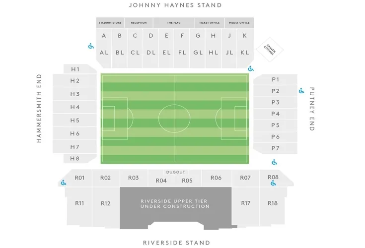 Sơ đồ sân Craven Cottage chi tiết, hướng dẫn các khán đài và lối vào