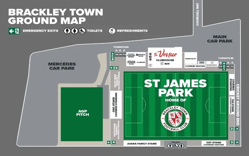Sơ đồ tổng thể bố trí các khu vực khán đài tại sân St James Park Brackley