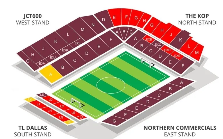 Sơ đồ tổng thể sân vận động Valley Parade, giúp người hâm mộ dễ dàng định vị các khán đài.